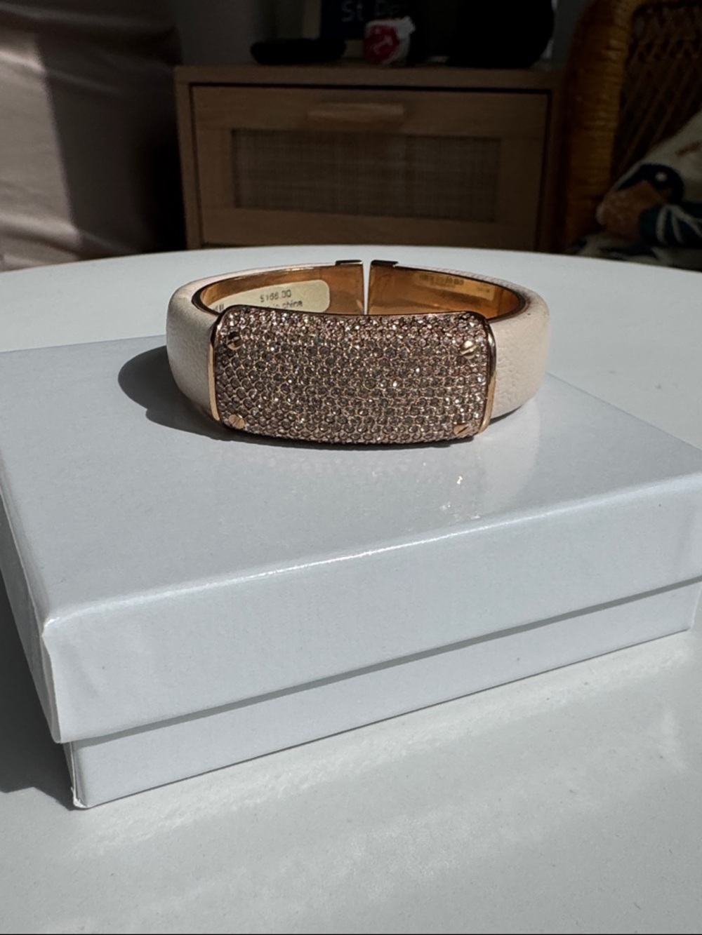 Henri Bendel Crystal Cuff Bracelet Leather Gold Tone Statement Bangle